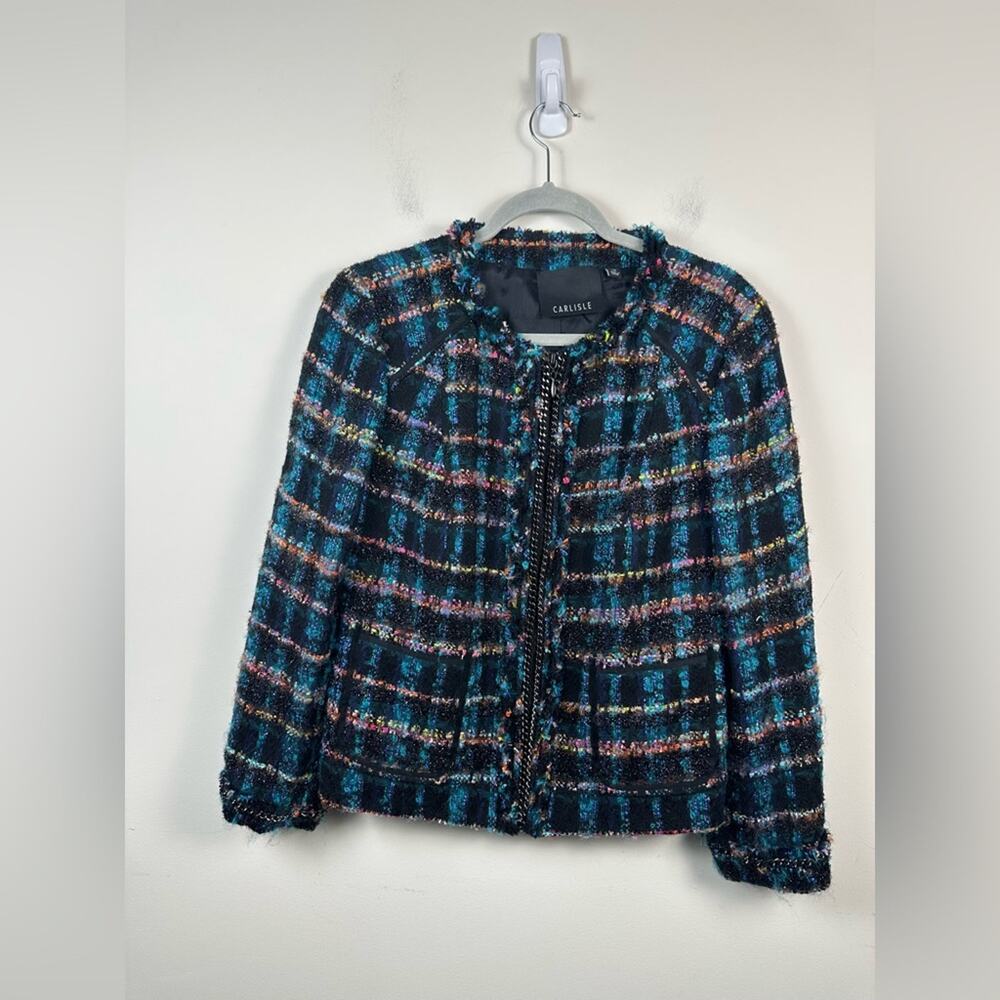 Carlisle Vibrant Plaid Tweed Jacket Chain Detail Zipper Front Size 10